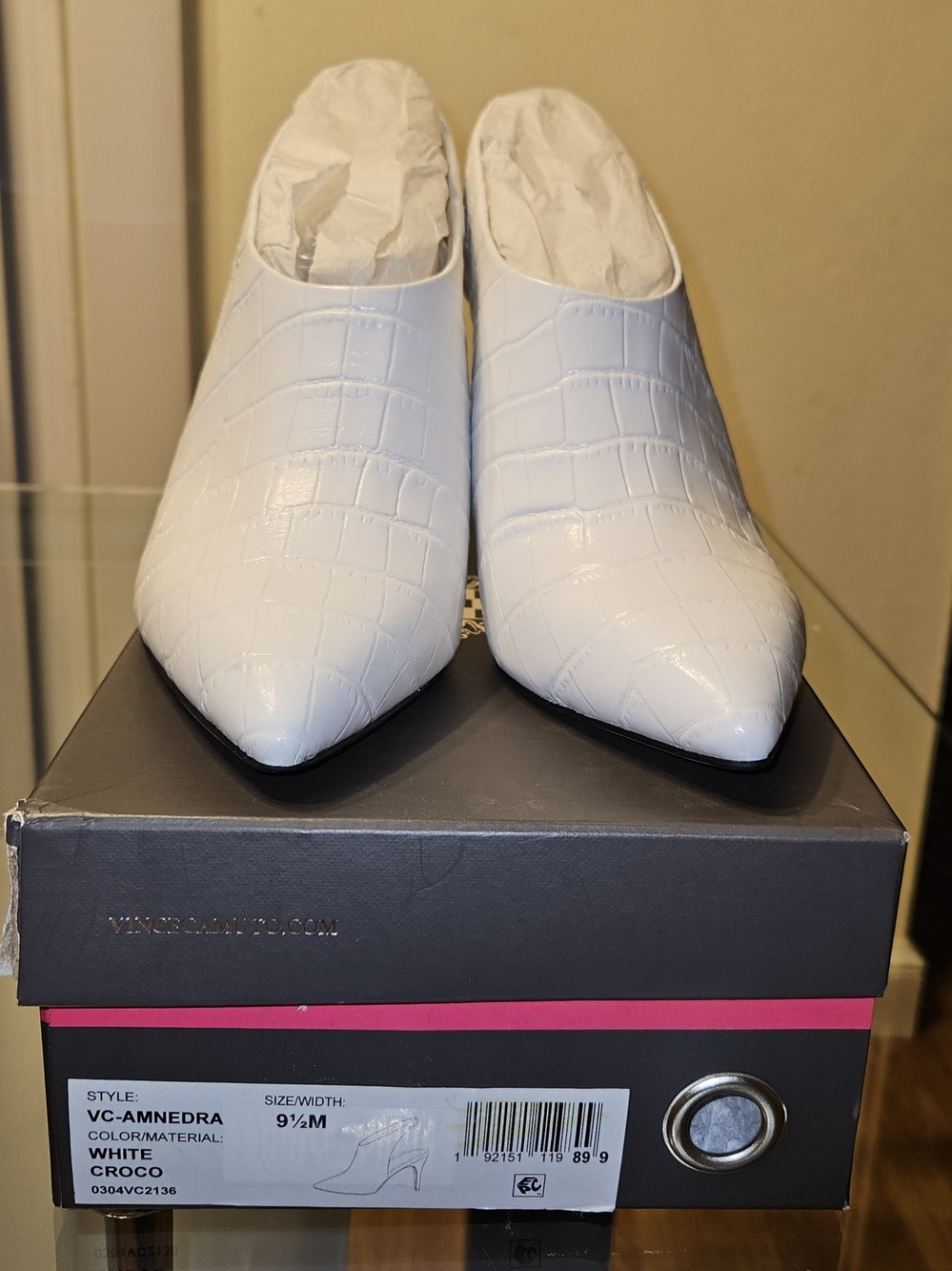 Vince Camuto White Croc-Embossed Pointed Toe Mules